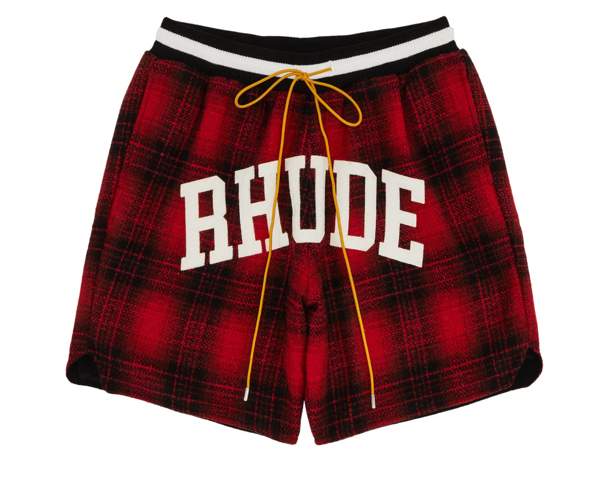 Rhude Flannel Collegiate Court Logo Shorts (Red/Black)
