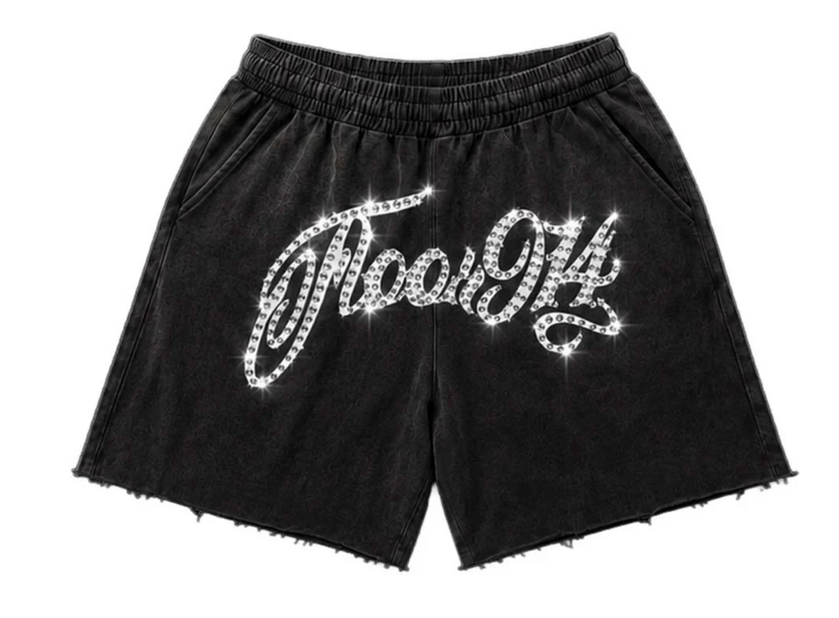 FLOOR914 Logo Rhinestone Script Midnight Shorts (Black)