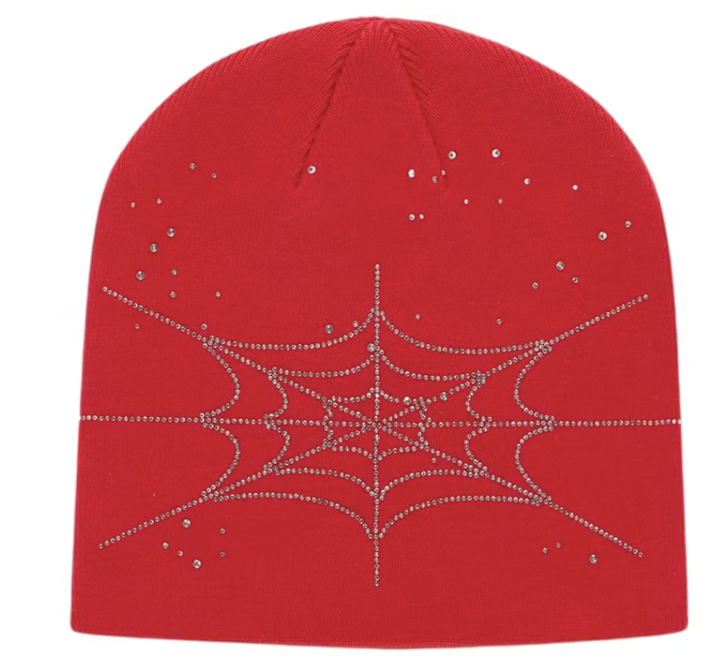 Sp5der Rhinestone Silk Skully Beanie Red