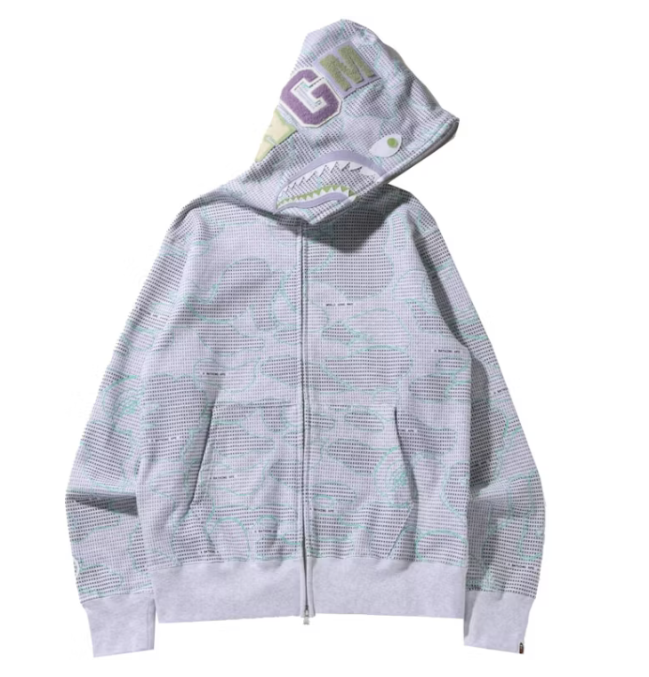 BAPE by A Bathing Ape Text Code Shark Full-Zip Hoodie(Grey)