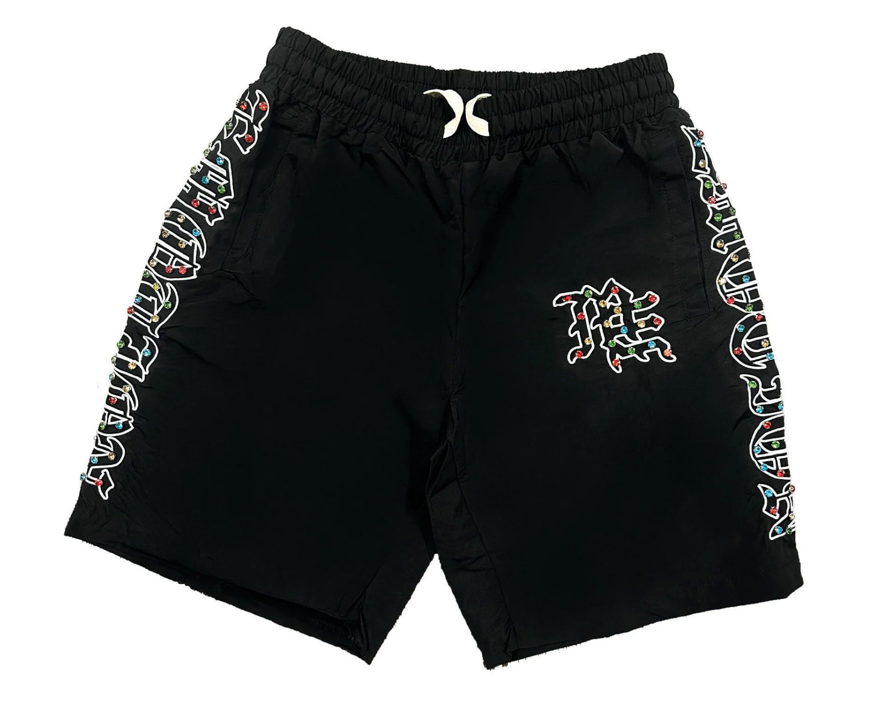 Mixed Emotions "Me" Nylon Rhinestone Shorts (Black)
