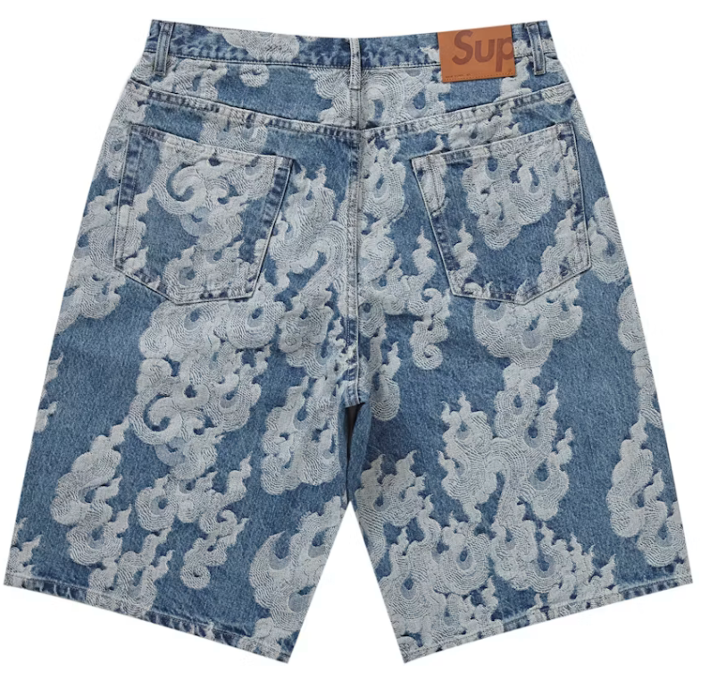 Supreme "Flames" Jacquard Baggy Denim Shorts (Washed Indigo) (SS23)