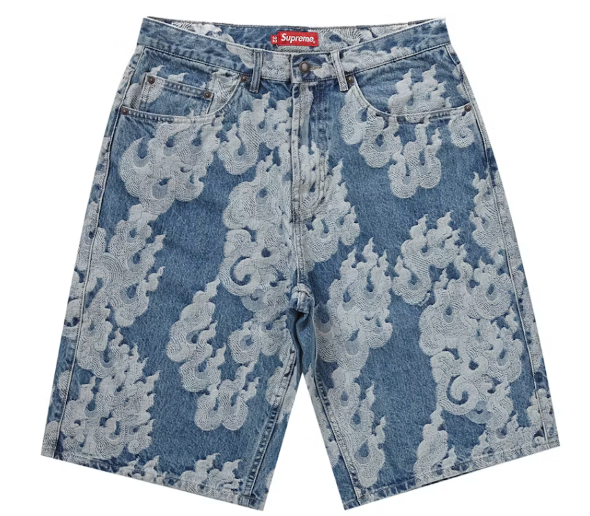 Supreme "Flames" Jacquard Baggy Denim Shorts (Washed Indigo) (SS23)