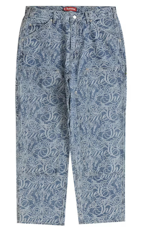 Supreme "Script" Jacquard Double Knee Denim Painter Pants Jeans (Washed Blue) (FW22)