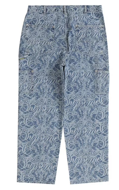 Supreme "Script" Jacquard Double Knee Denim Painter Pants Jeans (Washed Blue) (FW22)