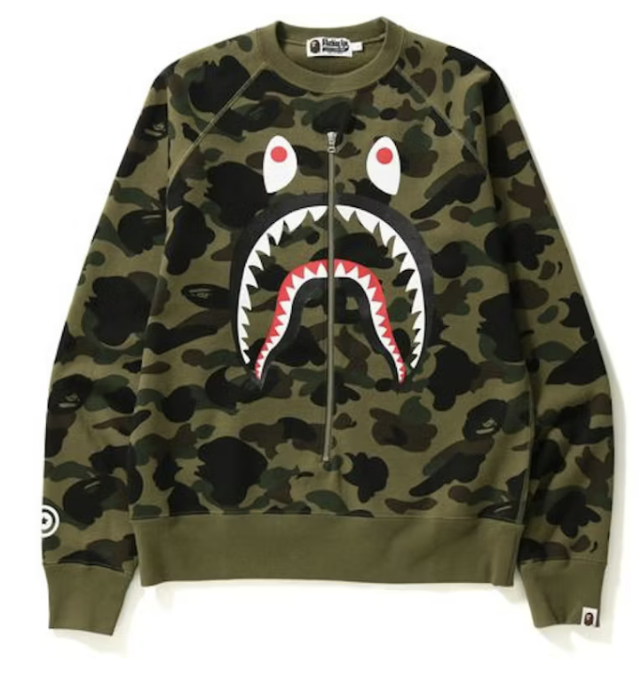 Bape 1st Camo Metal Zip Shark Crewneck Green