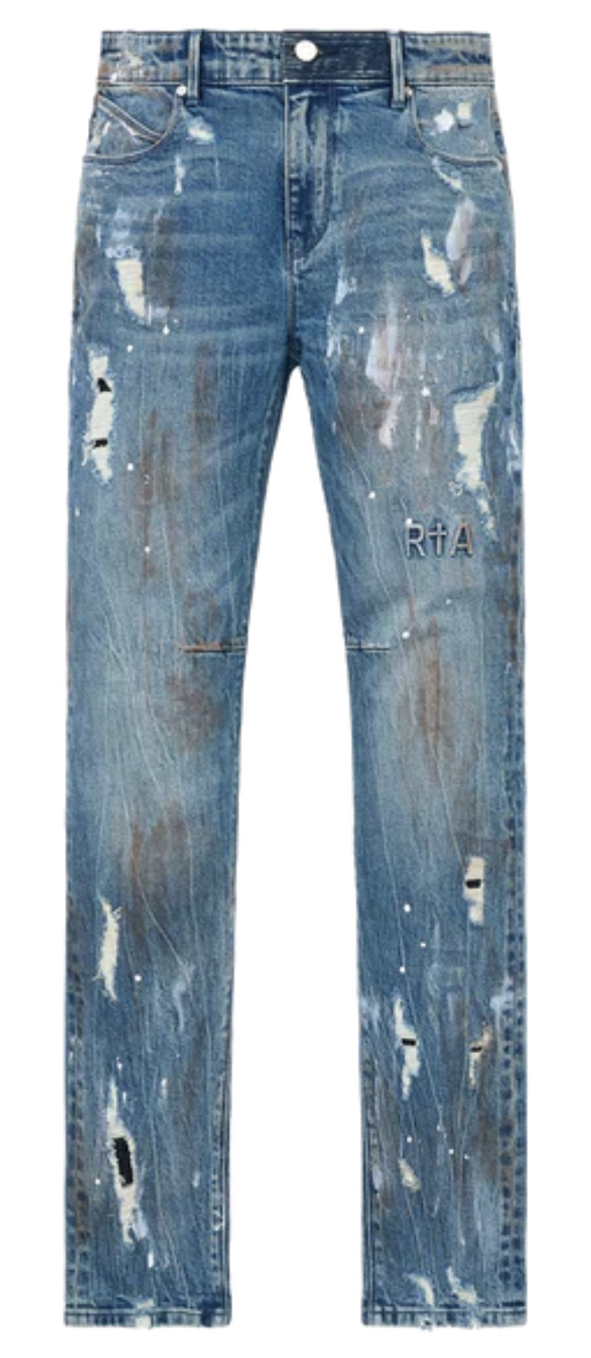 RTA Clayton Skinny Distressed Paint Jeans Glitch Blue