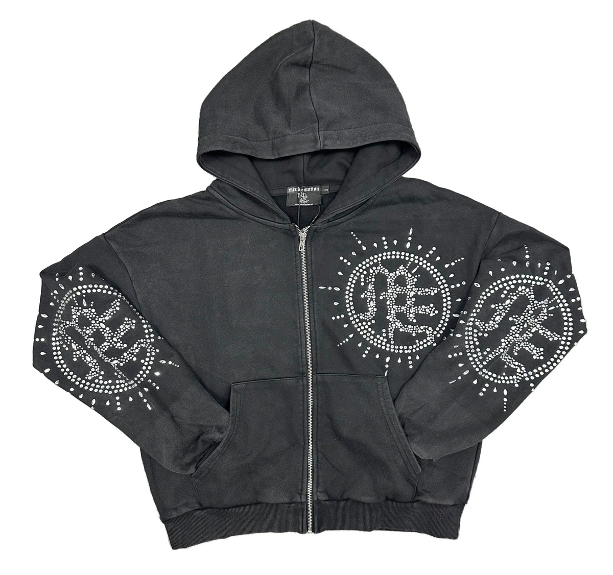 Mixed Emotions Eclipse Rhinestone Hoodie (Grey Acid Wash)