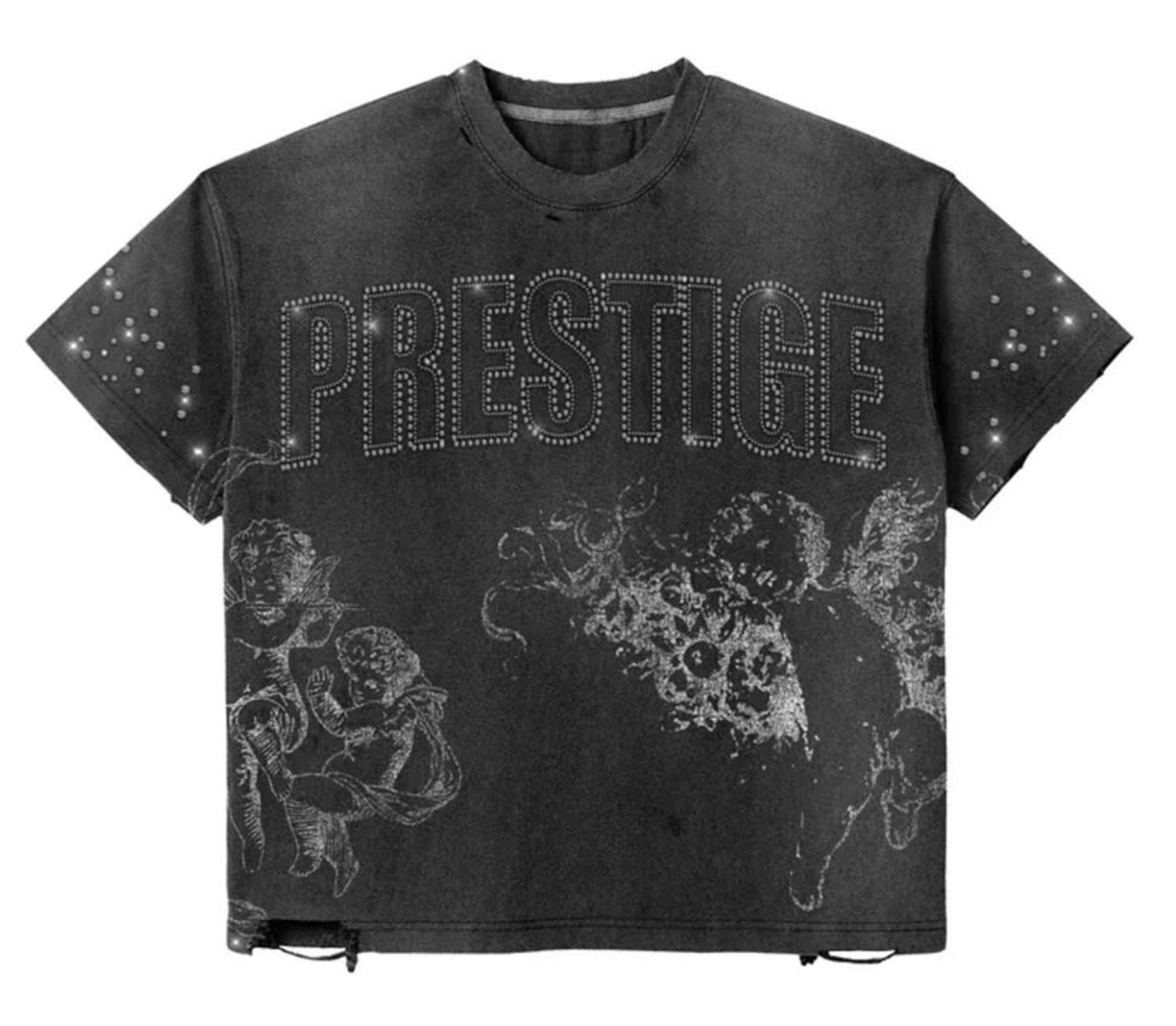 Prestige "Distress Angel" Rhinestone Tee Shirt (Washed Black)