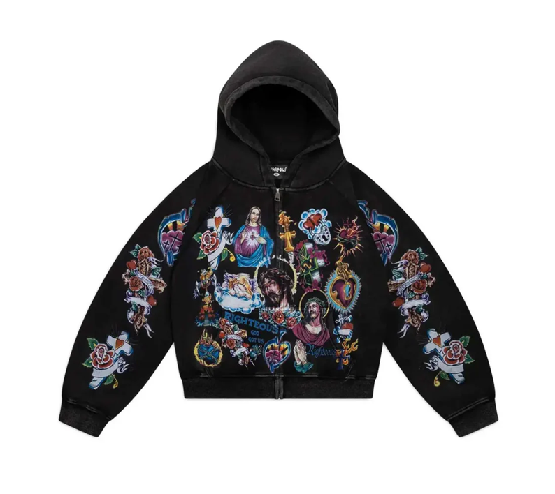 Righteous Risen King Cropped Zip-Up Hoodie (Black)