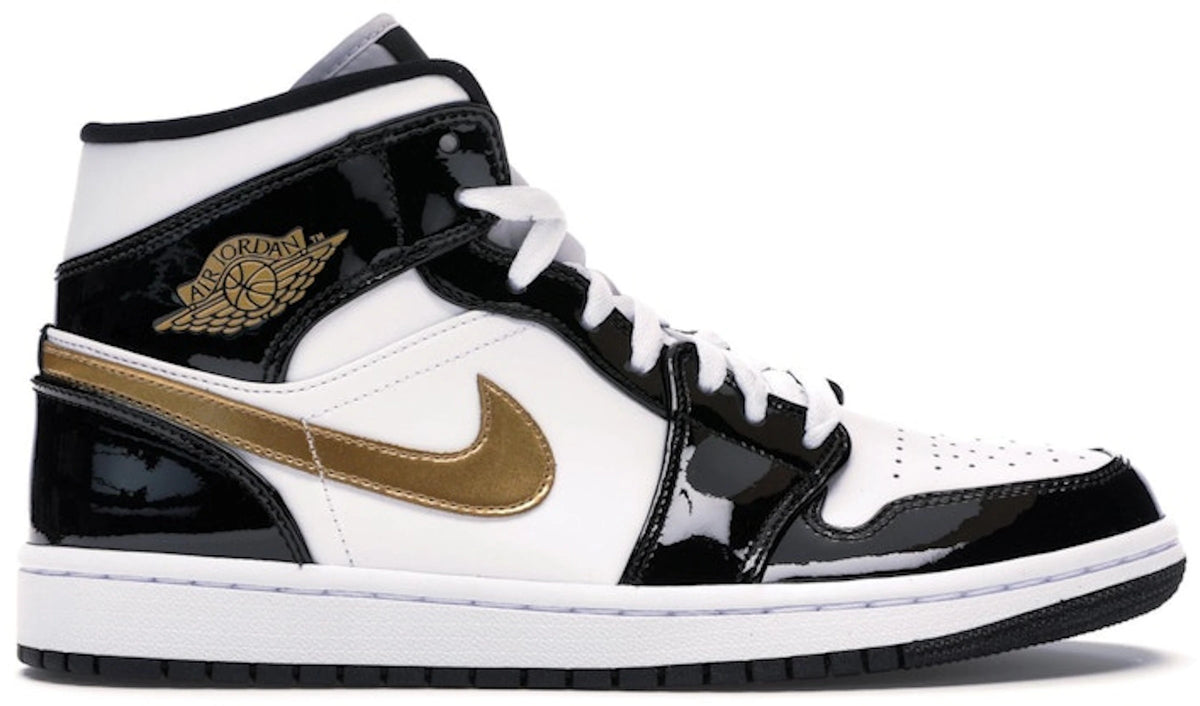 Jordan 1 Mid Patent Black White Gold