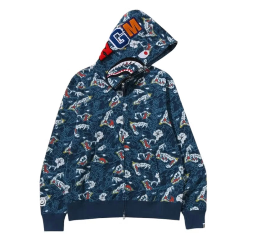 BAPE A Bathing Ape Japanese Tattoo Camo Shark Full Zip Hoodie “Blue“